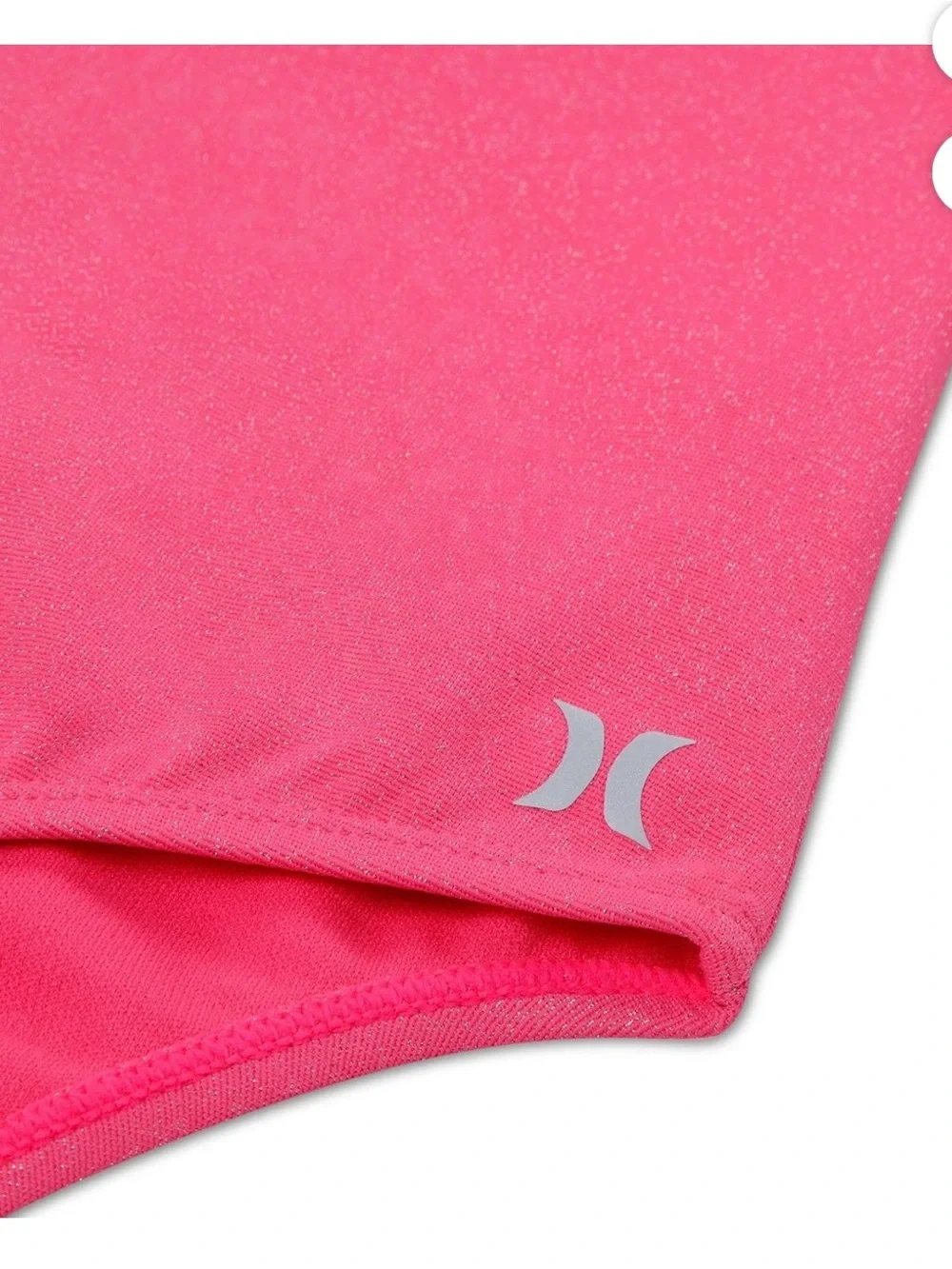 Hurley Pink One-Piece Swimsuit with Lime & Aqua Stripes